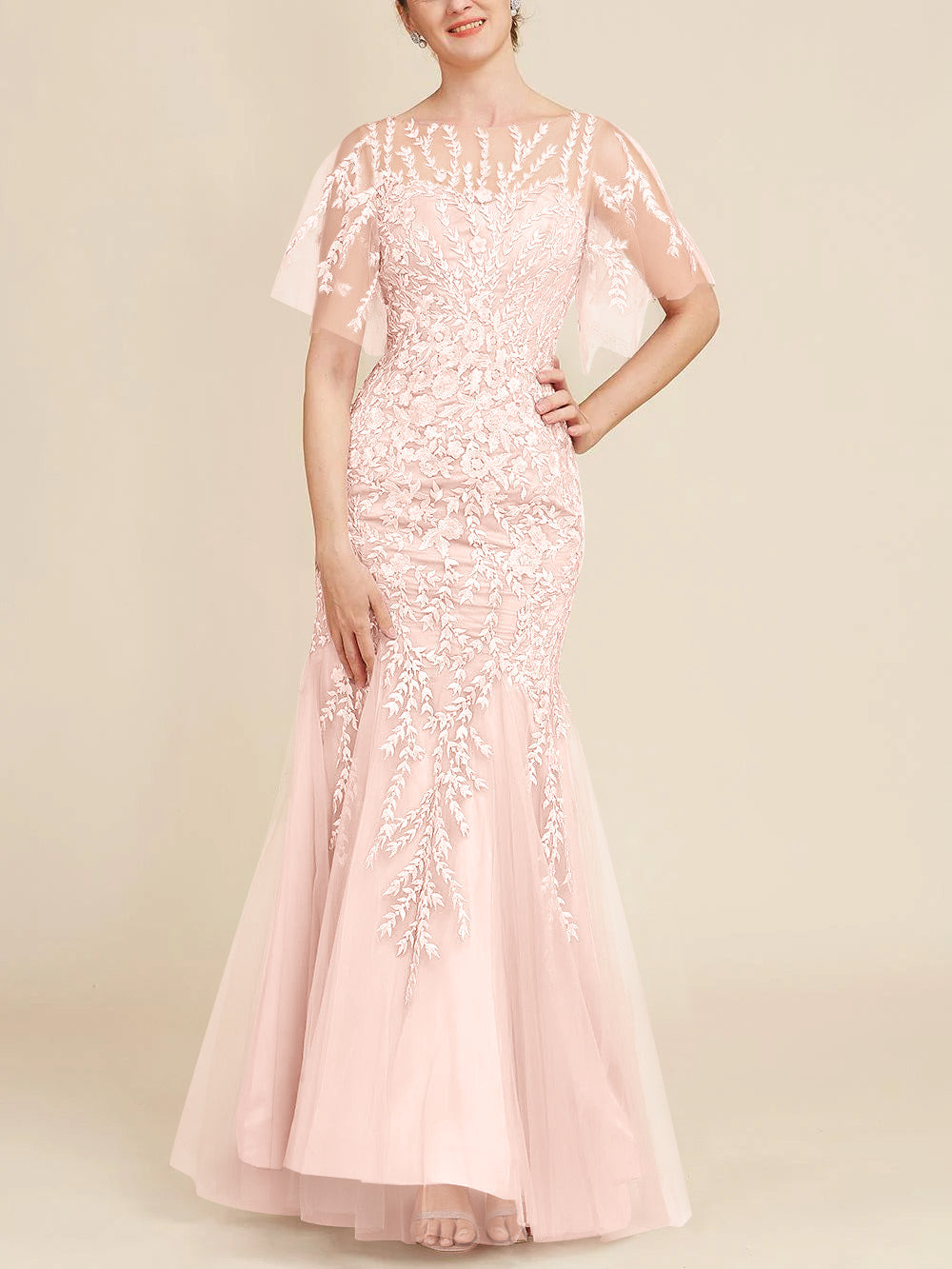 Trumpet/Mermaid Scoop Half Sleeves Floor-Length Mother of the Bride Dresses with Lace