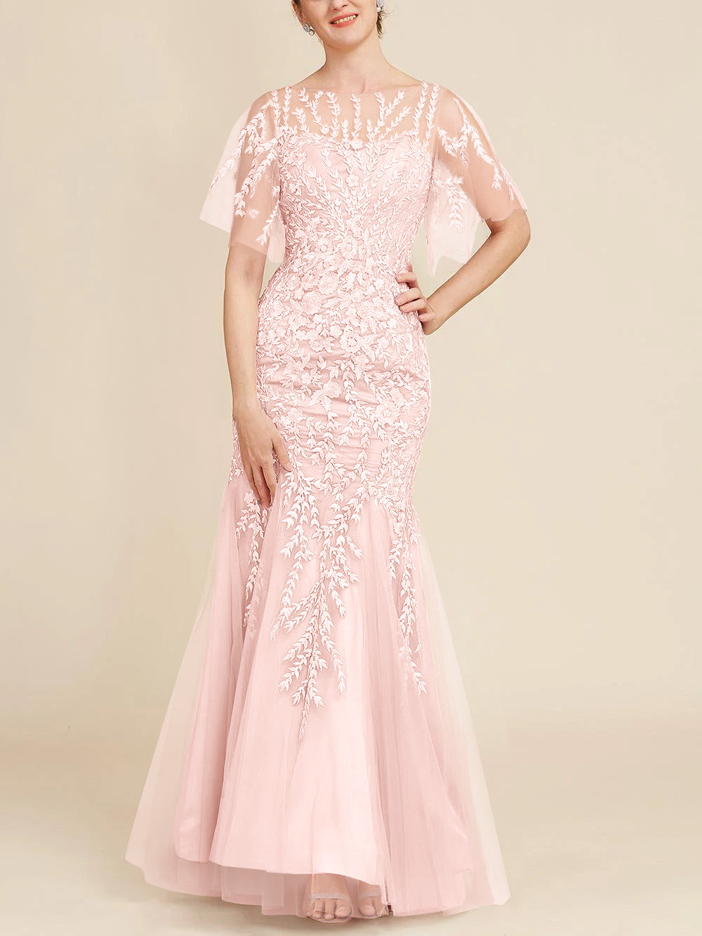 Trumpet/Mermaid Scoop Half Sleeves Floor-Length Mother of the Bride Dresses with Lace