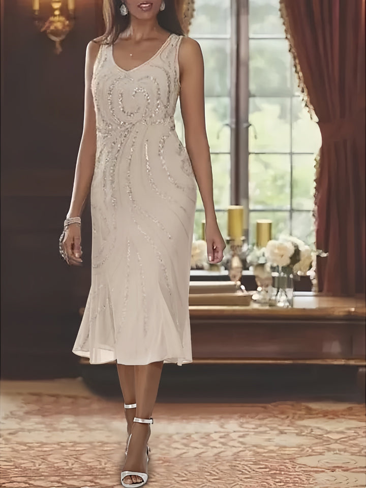 Chiffon 2 Pieces V-Neck Knee-Length Mother of the Bride Dresses with Jacket & Sequins Beading