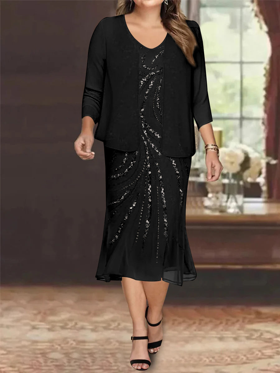 Chiffon 2 Pieces V-Neck Knee-Length Plus Size Mother of the Bride Dresses with Jacket & Sequins Beading