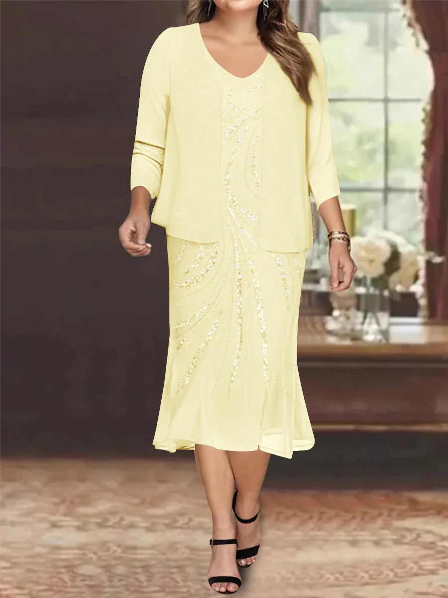 Chiffon 2 Pieces V-Neck Knee-Length Plus Size Mother of the Bride Dresses with Jacket & Sequins Beading