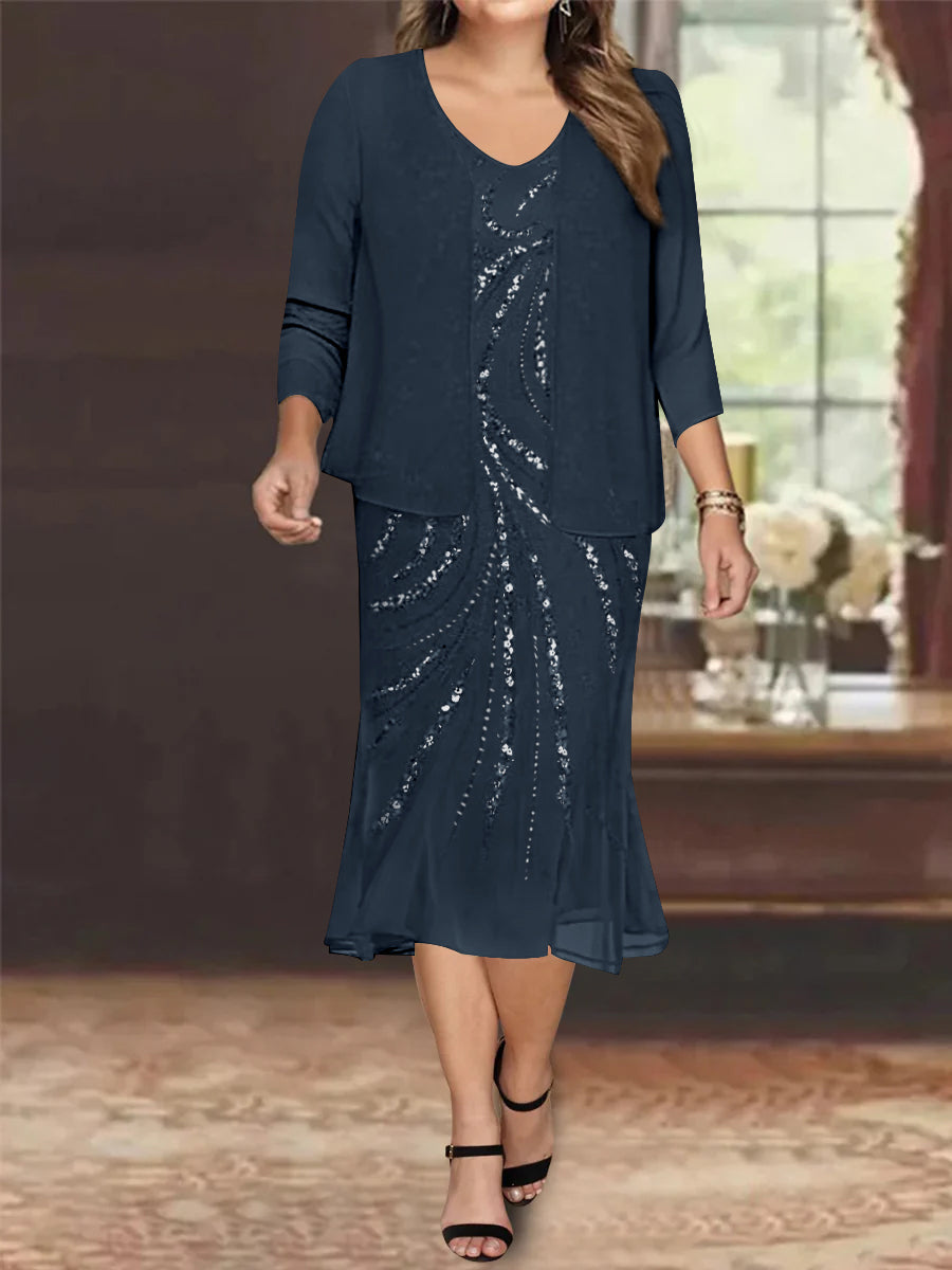 Chiffon 2 Pieces V-Neck Knee-Length Plus Size Mother of the Bride Dresses with Jacket & Sequins Beading