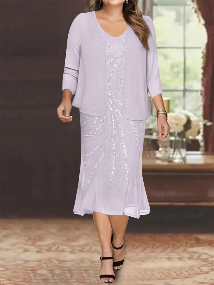 Chiffon 2 Pieces V-Neck Knee-Length Plus Size Mother of the Bride Dresses with Jacket & Sequins Beading