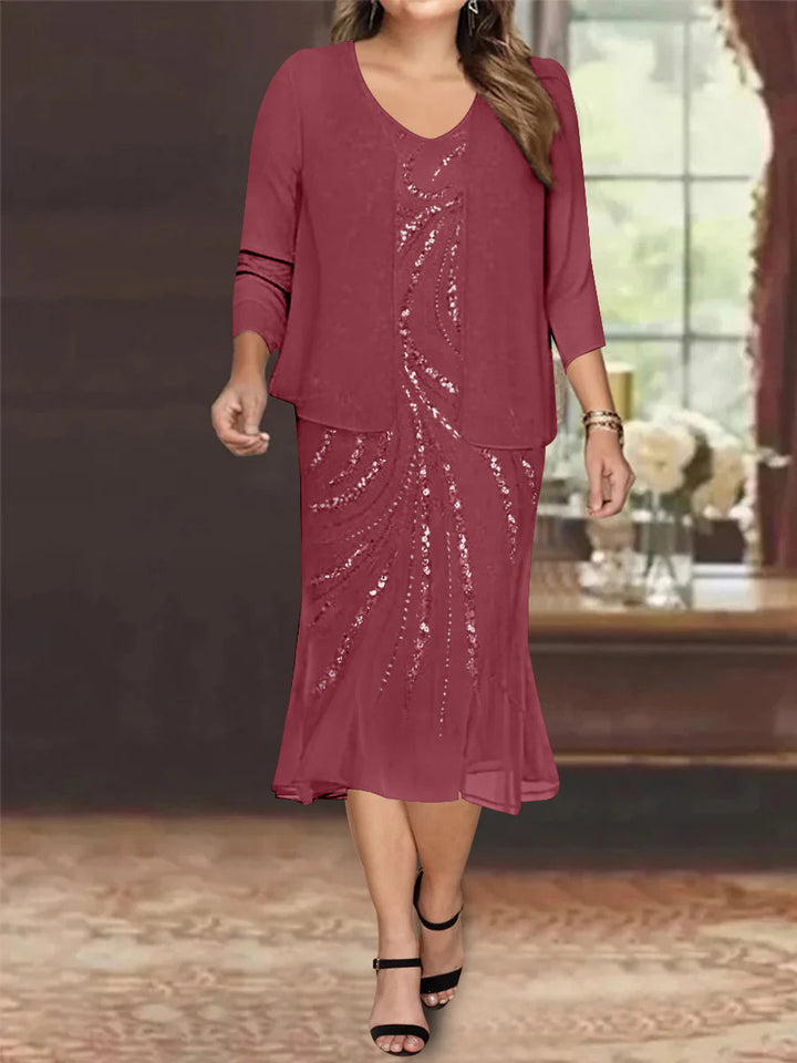 Chiffon 2 Pieces V-Neck Knee-Length Plus Size Mother of the Bride Dresses with Jacket & Sequins Beading