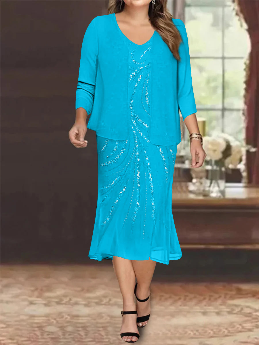 Chiffon 2 Pieces V-Neck Knee-Length Plus Size Mother of the Bride Dresses with Jacket & Sequins Beading