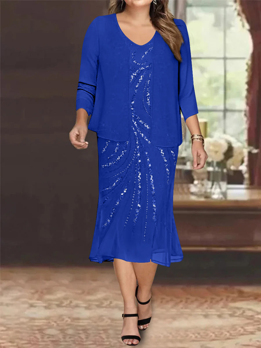 Chiffon 2 Pieces V-Neck Knee-Length Plus Size Mother of the Bride Dresses with Jacket & Sequins Beading