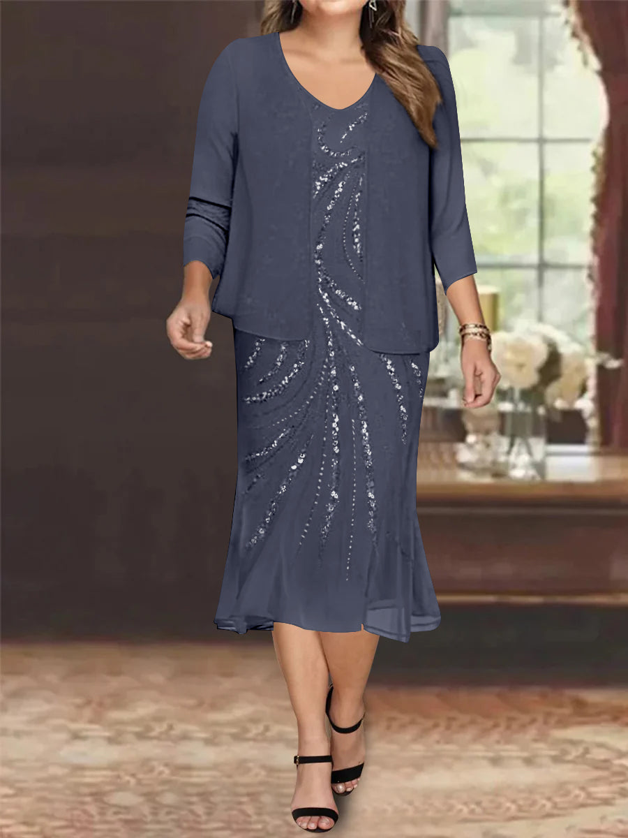 Chiffon 2 Pieces V-Neck Knee-Length Plus Size Mother of the Bride Dresses with Jacket & Sequins Beading