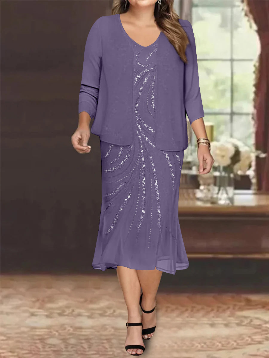 Chiffon 2 Pieces V-Neck Knee-Length Plus Size Mother of the Bride Dresses with Jacket & Sequins Beading
