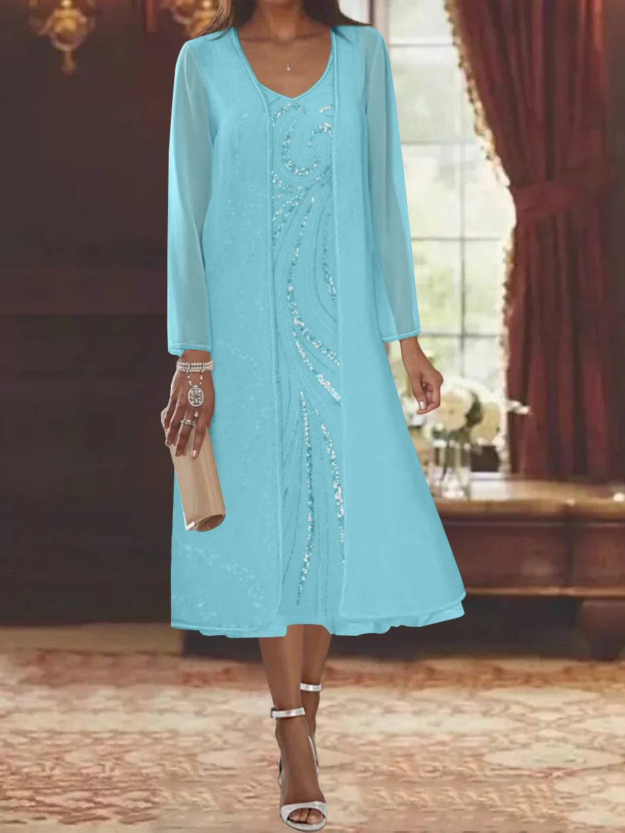 Sheath/Column V-Neck Long Sleeves Tea-Length Mother of the Bride Dresses with Jacket & Sequins Beading