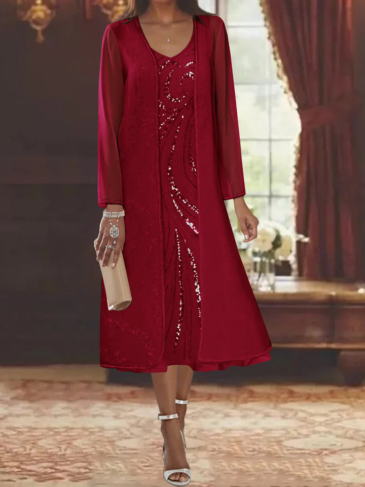 Sheath/Column V-Neck Long Sleeves Tea-Length Mother of the Bride Dresses with Jacket & Sequins Beading