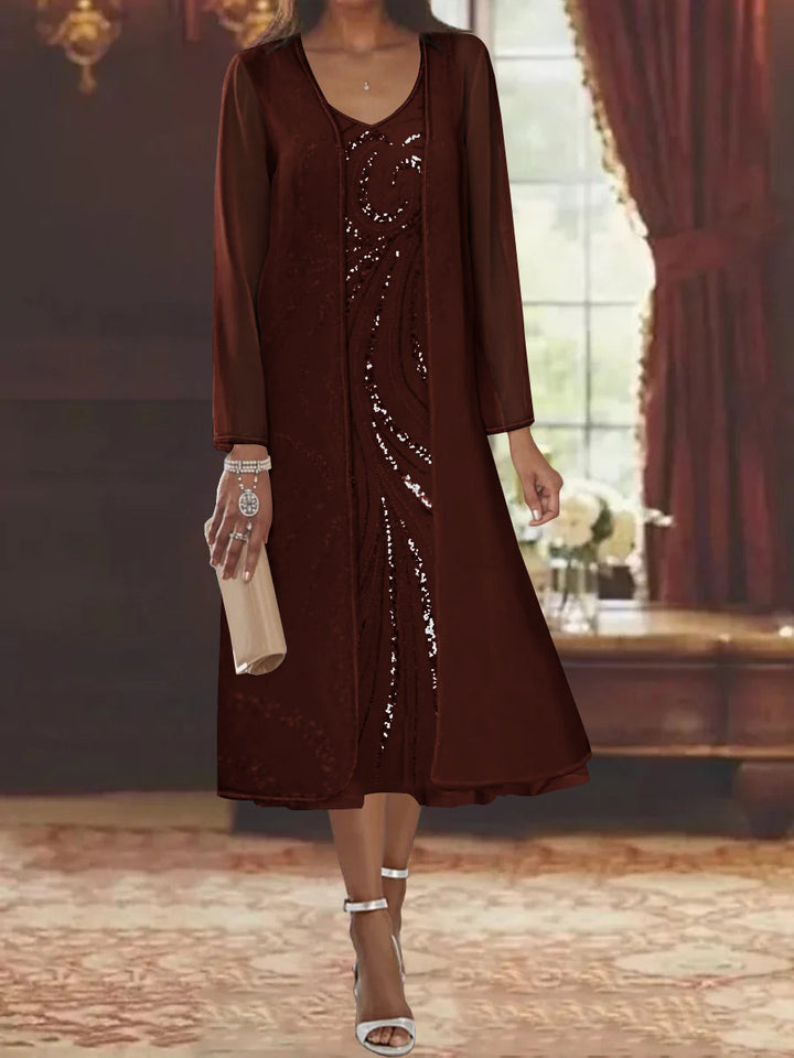 Sheath/Column V-Neck Long Sleeves Tea-Length Mother of the Bride Dresses with Jacket & Sequins Beading