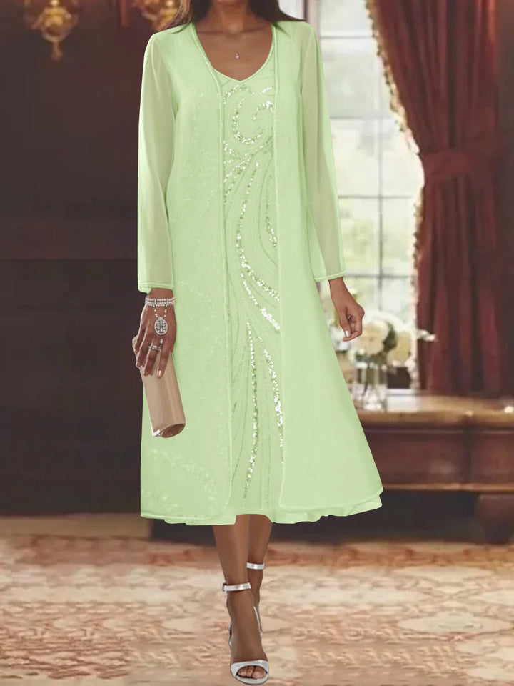Sheath/Column V-Neck Long Sleeves Tea-Length Mother of the Bride Dresses with Jacket & Sequins Beading
