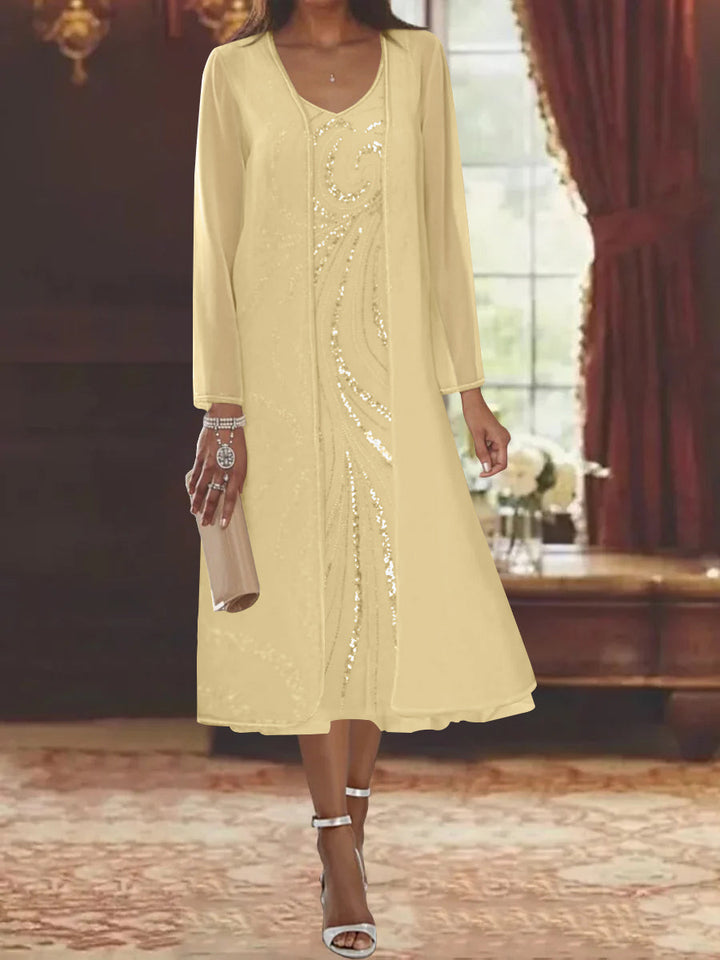Sheath/Column V-Neck Long Sleeves Tea-Length Mother of the Bride Dresses with Jacket & Sequins Beading