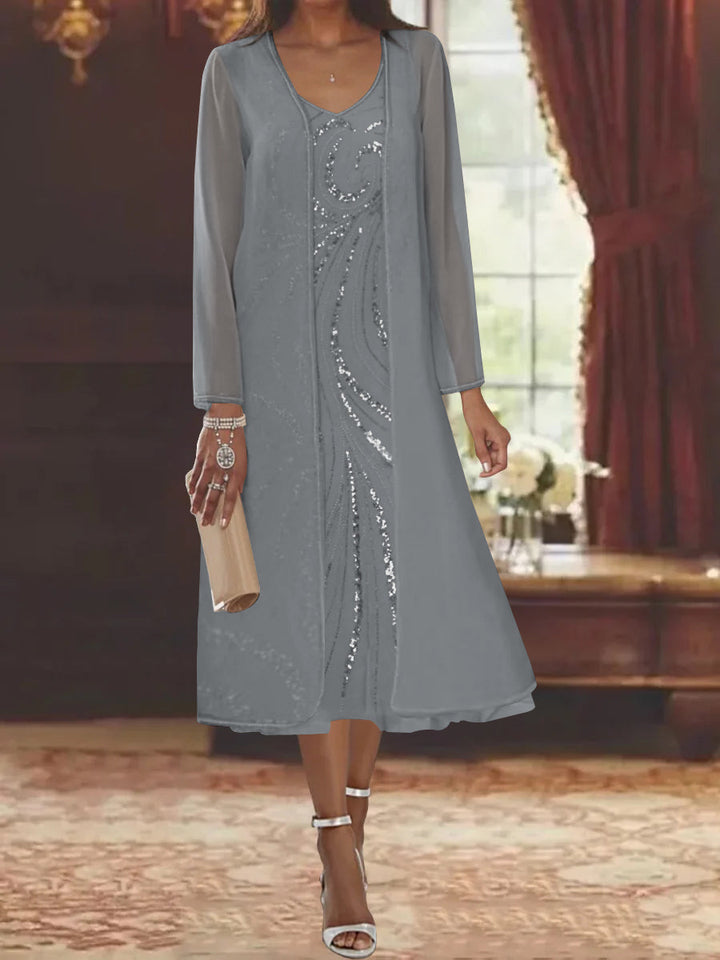 Sheath/Column V-Neck Long Sleeves Tea-Length Mother of the Bride Dresses with Jacket & Sequins Beading