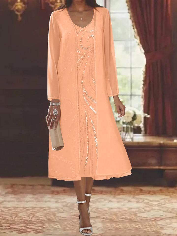 Sheath/Column V-Neck Long Sleeves Tea-Length Mother of the Bride Dresses with Jacket & Sequins Beading