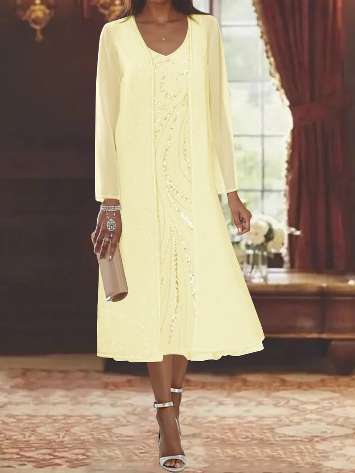 Sheath/Column V-Neck Long Sleeves Tea-Length Mother of the Bride Dresses with Jacket & Sequins Beading