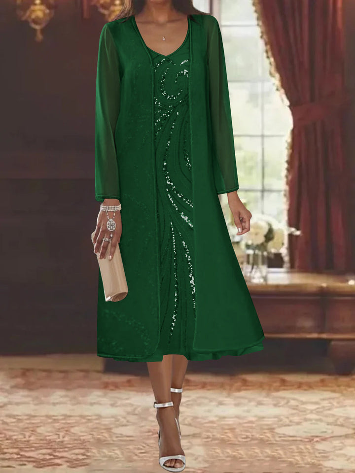 Sheath/Column V-Neck Long Sleeves Tea-Length Mother of the Bride Dresses with Jacket & Sequins Beading