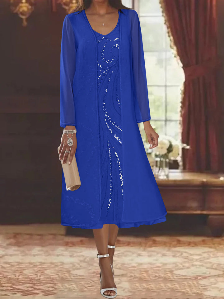 Sheath/Column V-Neck Long Sleeves Tea-Length Mother of the Bride Dresses with Jacket & Sequins Beading