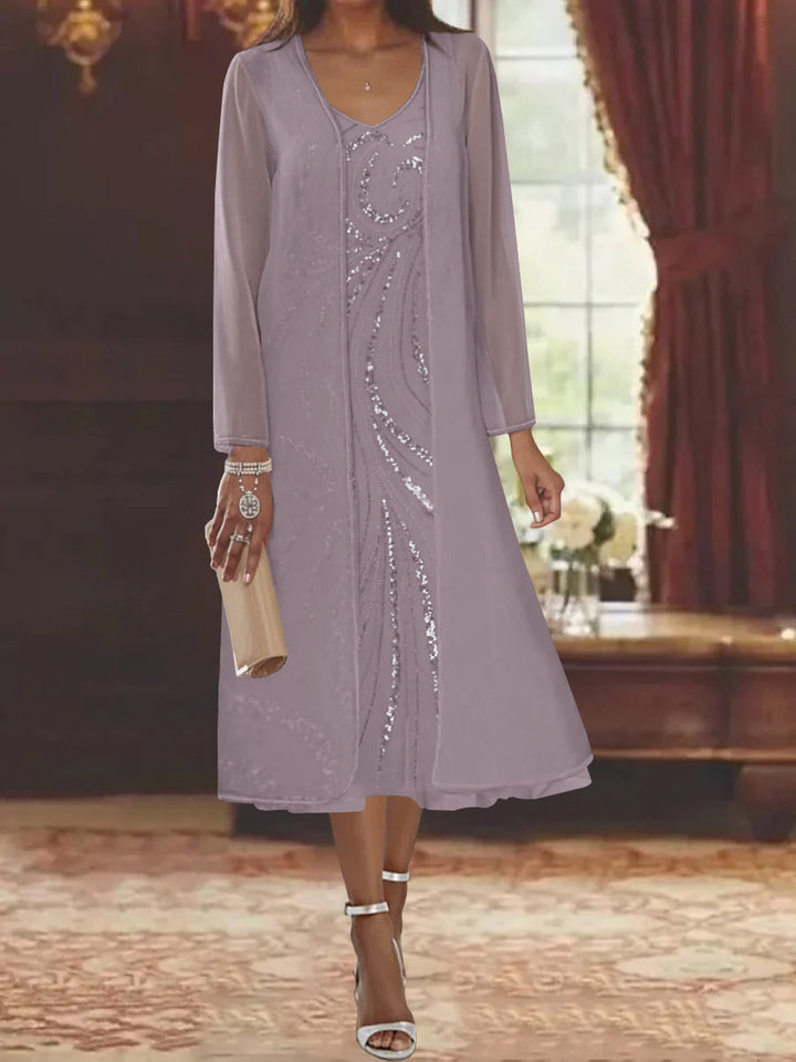 Sheath/Column V-Neck Long Sleeves Tea-Length Mother of the Bride Dresses with Jacket & Sequins Beading