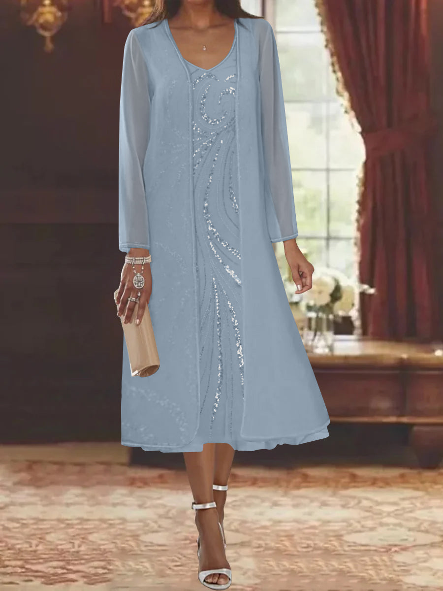 Sheath/Column V-Neck Long Sleeves Tea-Length Mother of the Bride Dresses with Jacket & Sequins Beading