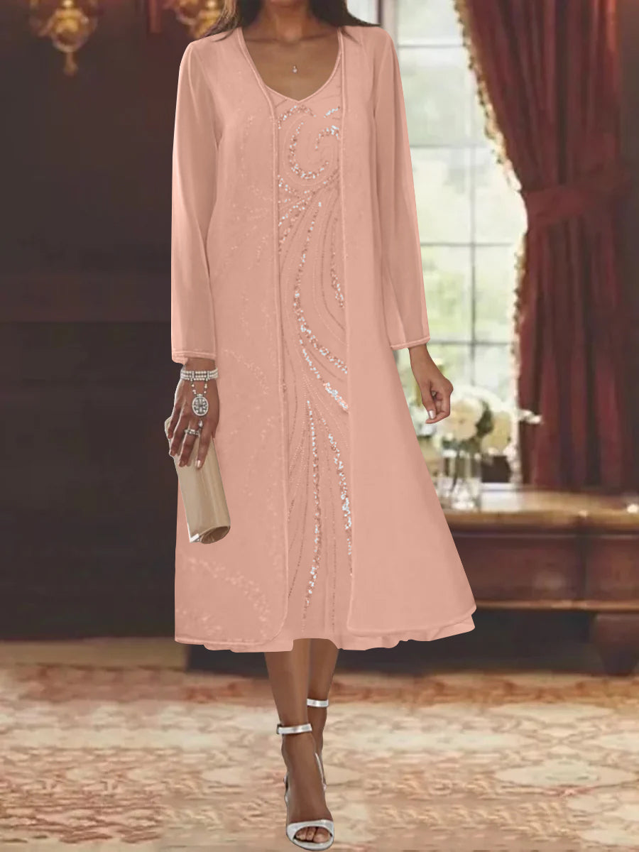Sheath/Column V-Neck Long Sleeves Tea-Length Mother of the Bride Dresses with Jacket & Sequins Beading