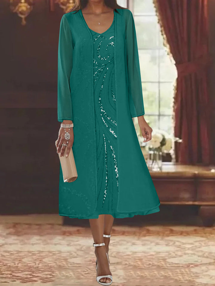 Sheath/Column V-Neck Long Sleeves Tea-Length Mother of the Bride Dresses with Jacket & Sequins Beading