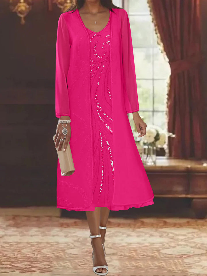 Sheath/Column V-Neck Long Sleeves Tea-Length Mother of the Bride Dresses with Jacket & Sequins Beading