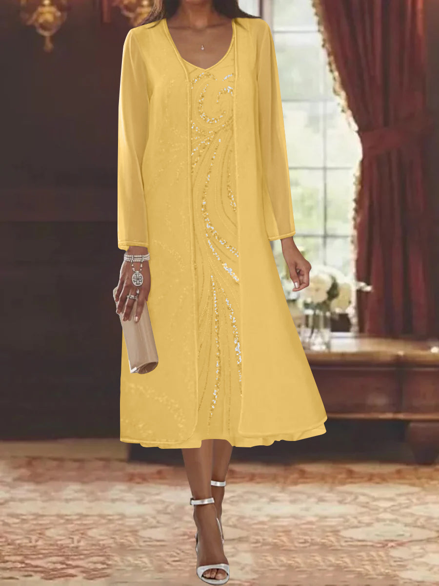 Sheath/Column V-Neck Long Sleeves Tea-Length Mother of the Bride Dresses with Jacket & Sequins Beading