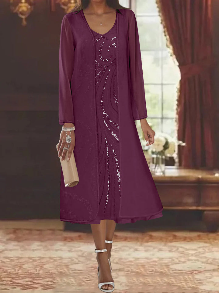 Sheath/Column V-Neck Long Sleeves Tea-Length Mother of the Bride Dresses with Jacket & Sequins Beading