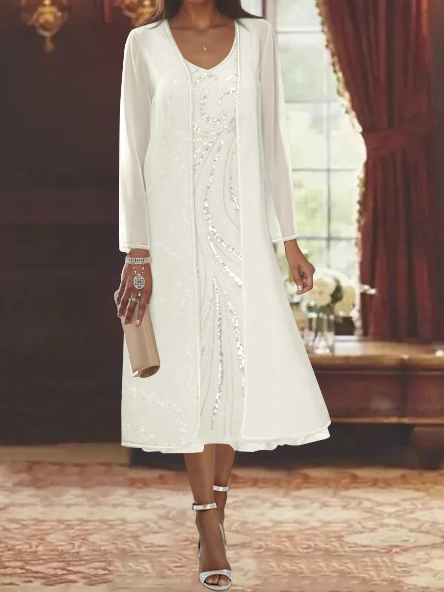 Sheath/Column V-Neck Long Sleeves Tea-Length Mother of the Bride Dresses with Jacket & Sequins Beading