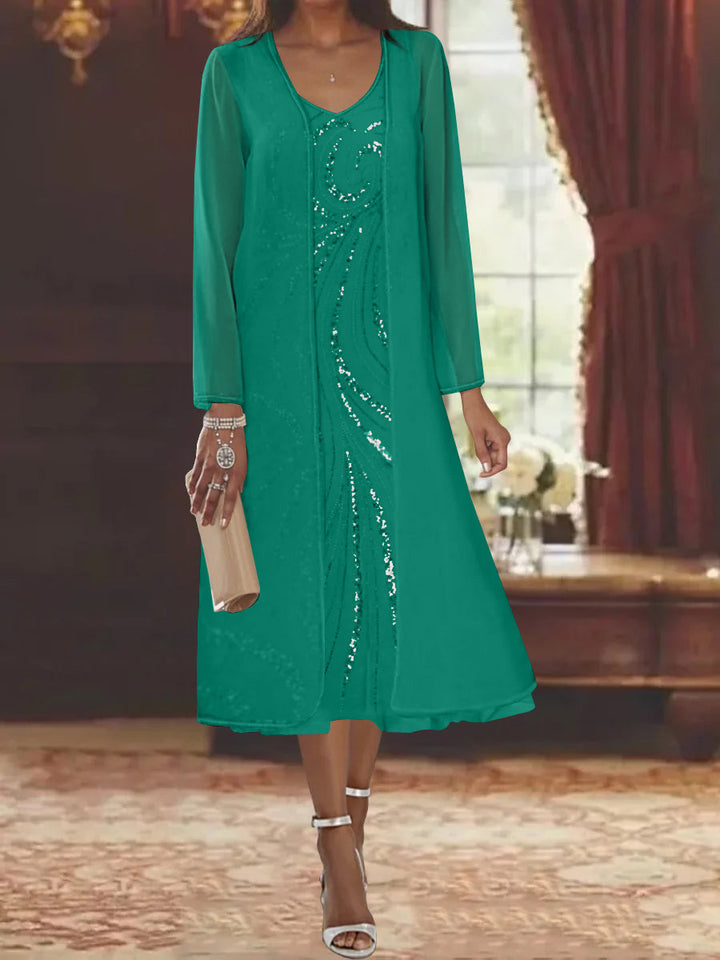 Sheath/Column V-Neck Long Sleeves Tea-Length Mother of the Bride Dresses with Jacket & Sequins Beading