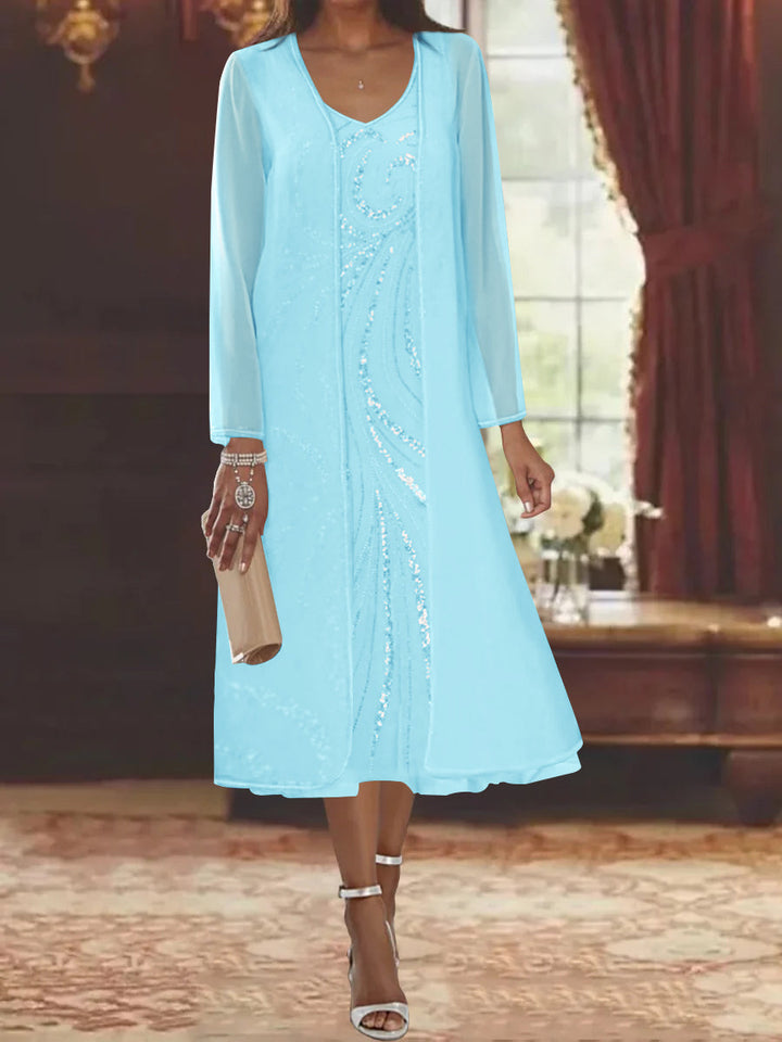 Sheath/Column V-Neck Long Sleeves Tea-Length Mother of the Bride Dresses with Jacket & Sequins Beading
