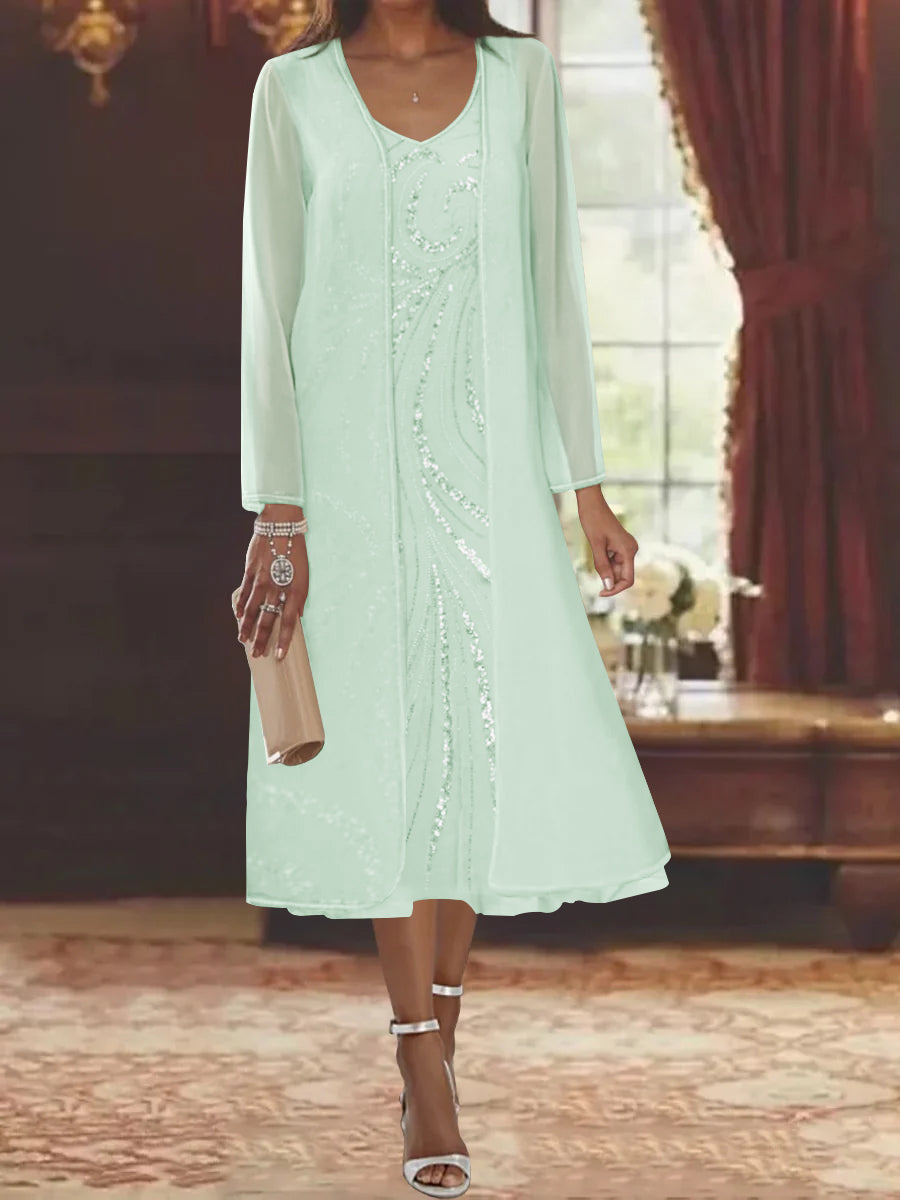 Sheath/Column V-Neck Long Sleeves Tea-Length Mother of the Bride Dresses with Jacket & Sequins Beading