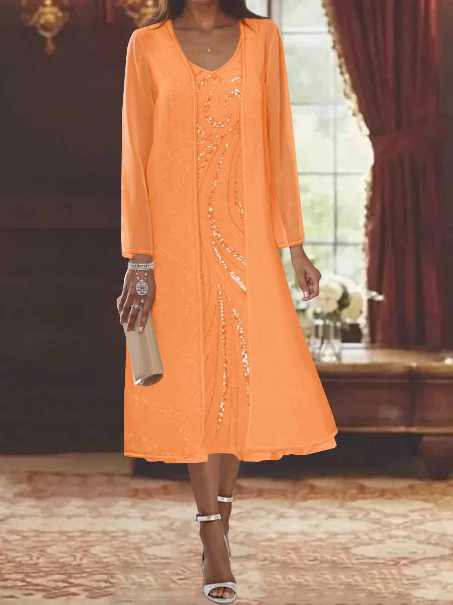 Sheath/Column V-Neck Long Sleeves Tea-Length Mother of the Bride Dresses with Jacket & Sequins Beading