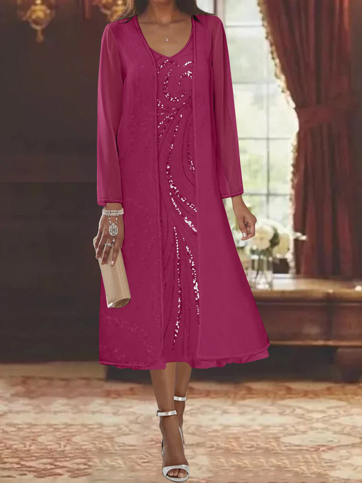 Sheath/Column V-Neck Long Sleeves Tea-Length Mother of the Bride Dresses with Jacket & Sequins Beading