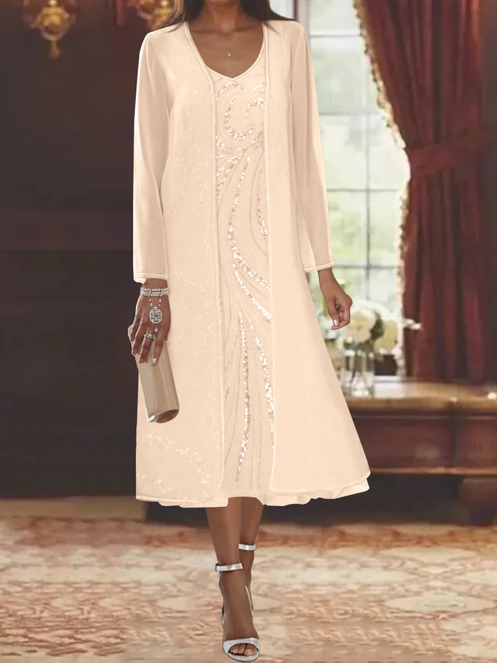 Sheath/Column V-Neck Long Sleeves Tea-Length Mother of the Bride Dresses with Jacket & Sequins Beading