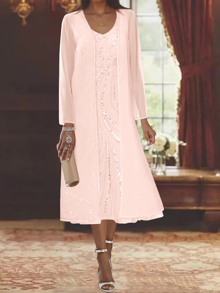 Sheath/Column V-Neck Long Sleeves Tea-Length Mother of the Bride Dresses with Jacket & Sequins Beading