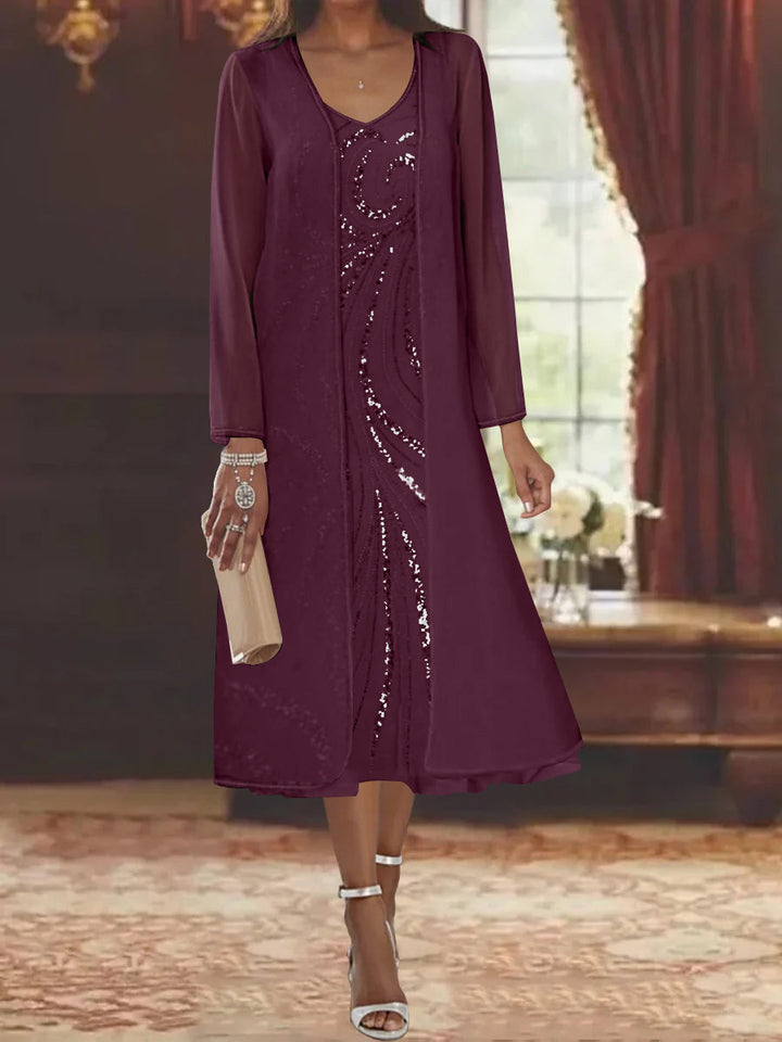 Sheath/Column V-Neck Long Sleeves Tea-Length Mother of the Bride Dresses with Jacket & Sequins Beading