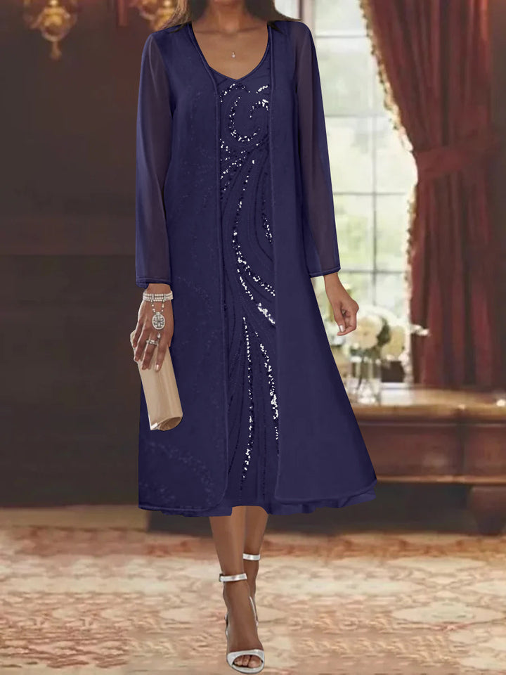 Sheath/Column V-Neck Long Sleeves Tea-Length Mother of the Bride Dresses with Jacket & Sequins Beading