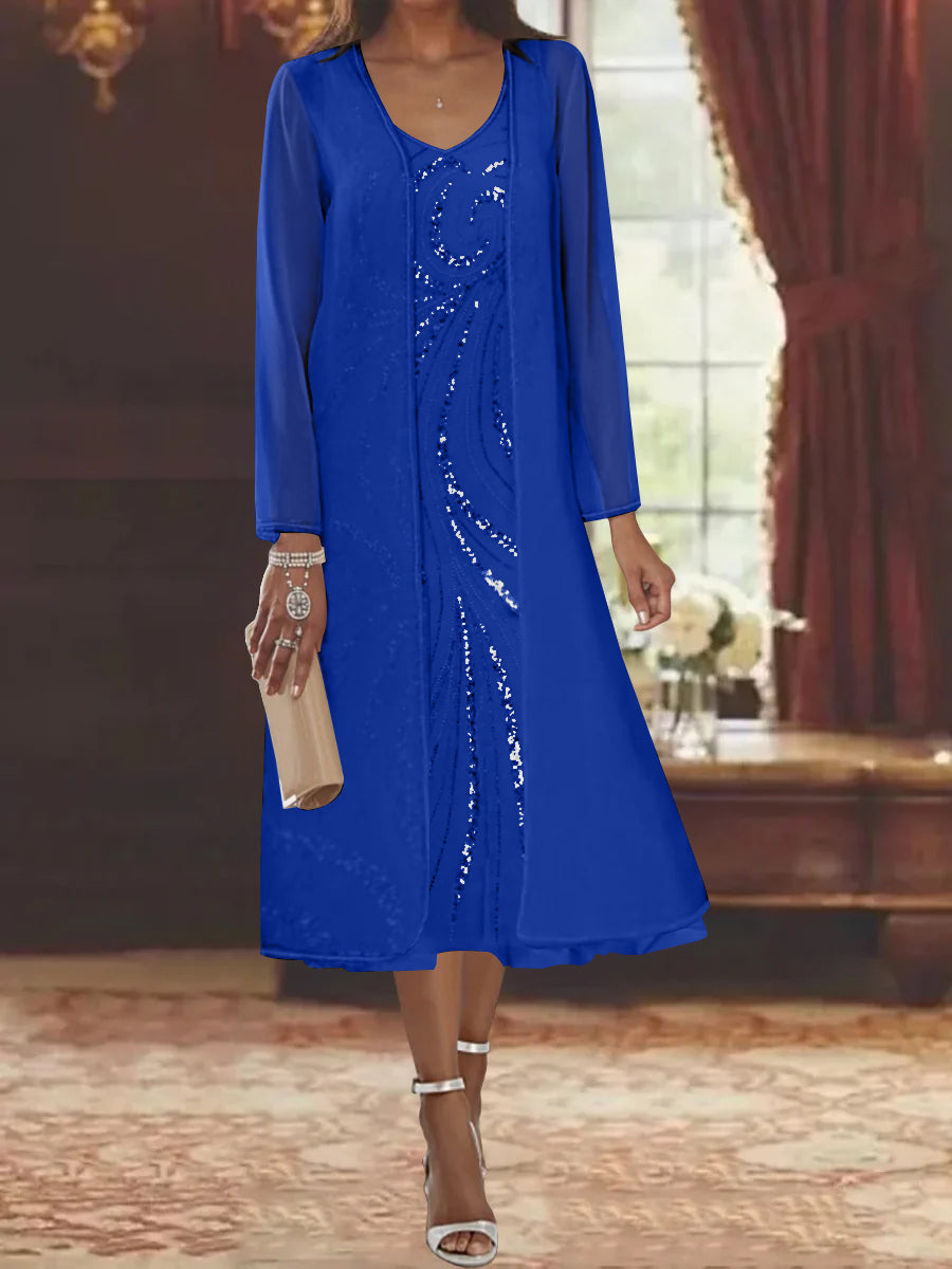Sheath/Column V-Neck Long Sleeves Tea-Length Mother of the Bride Dresses with Jacket & Sequins Beading
