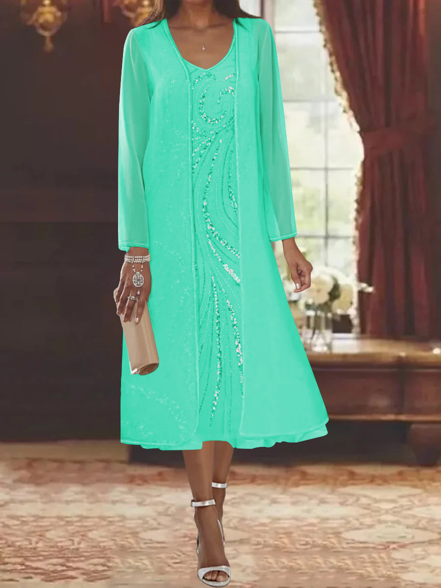 Sheath/Column V-Neck Long Sleeves Tea-Length Mother of the Bride Dresses with Jacket & Sequins Beading