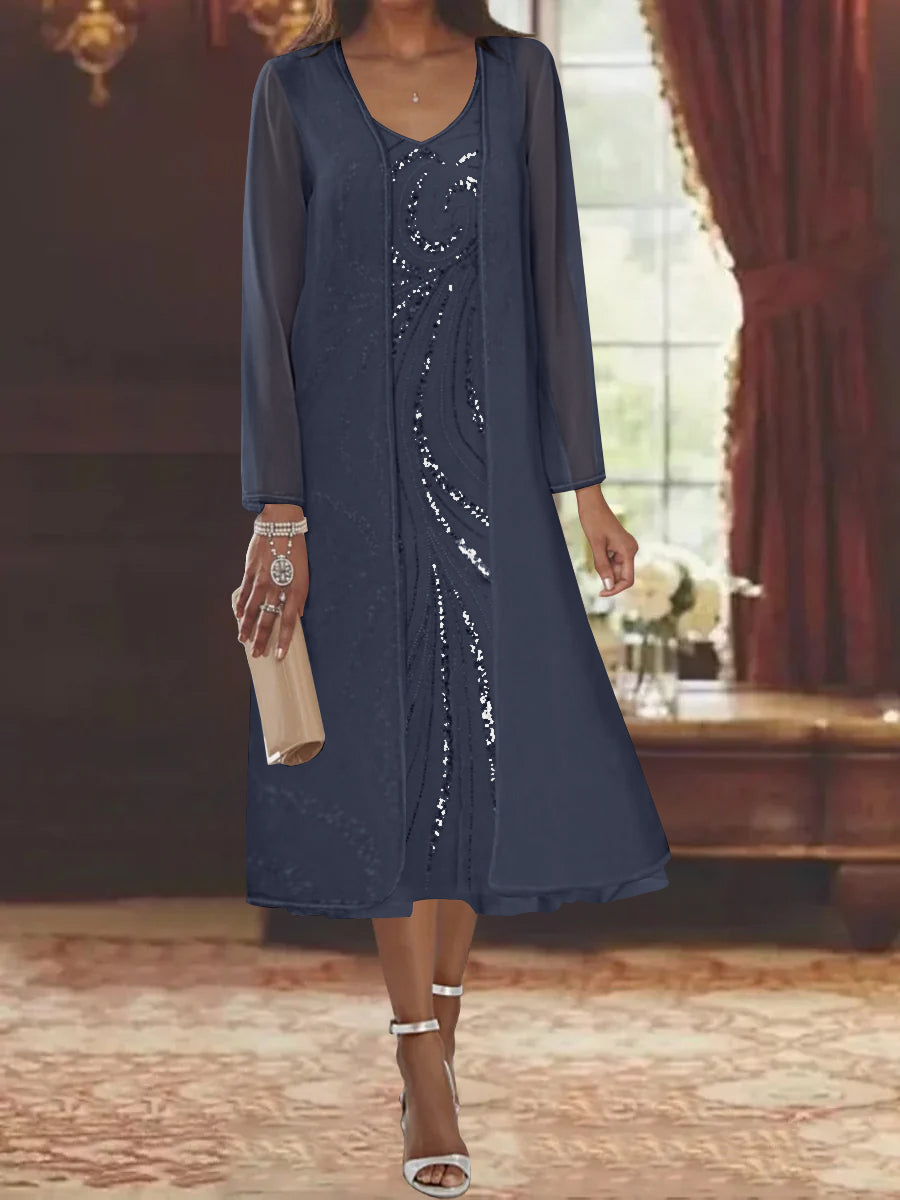 Sheath/Column V-Neck Long Sleeves Tea-Length Mother of the Bride Dresses with Jacket & Sequins Beading