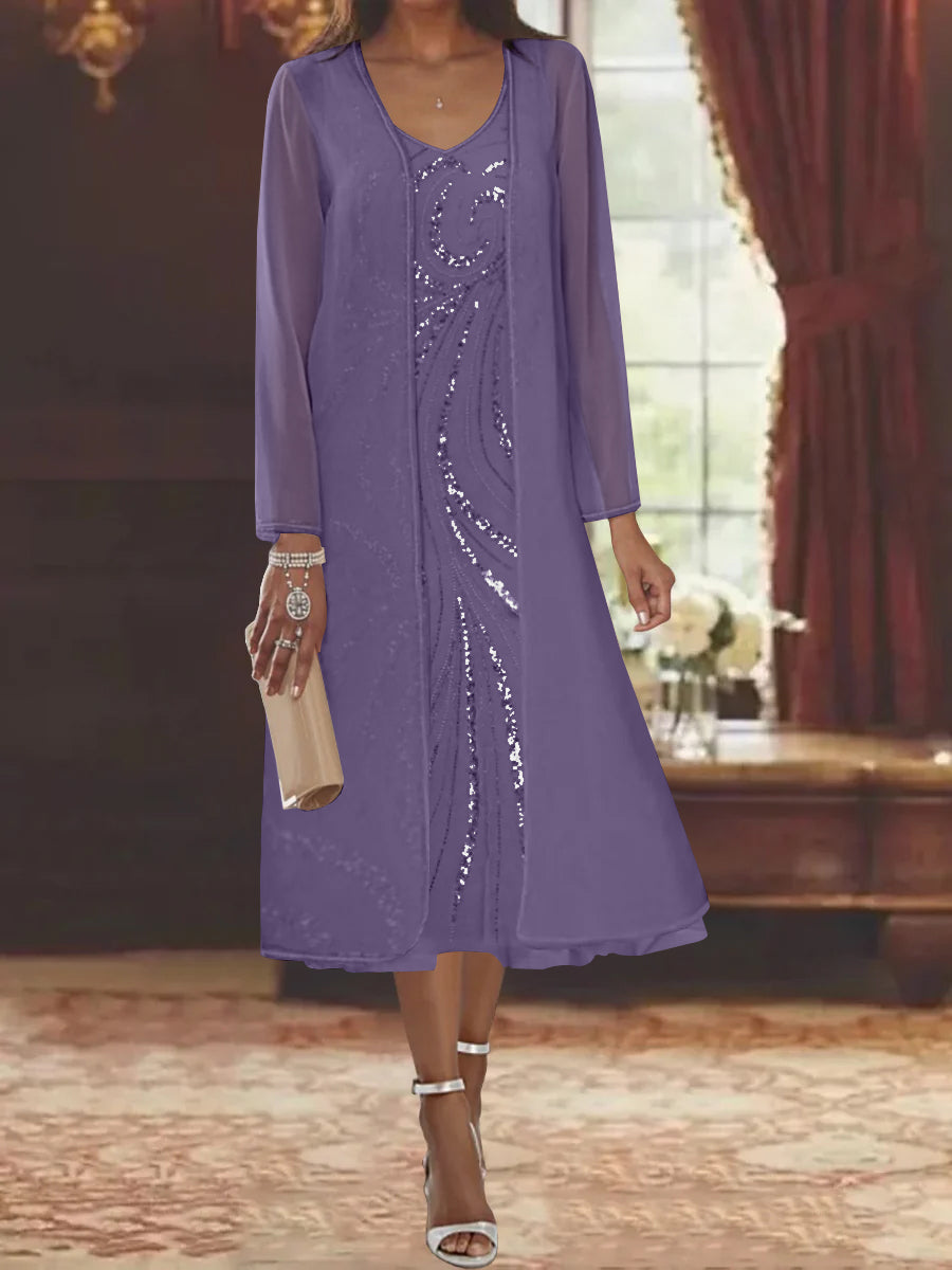 Sheath/Column V-Neck Long Sleeves Tea-Length Mother of the Bride Dresses with Jacket & Sequins Beading