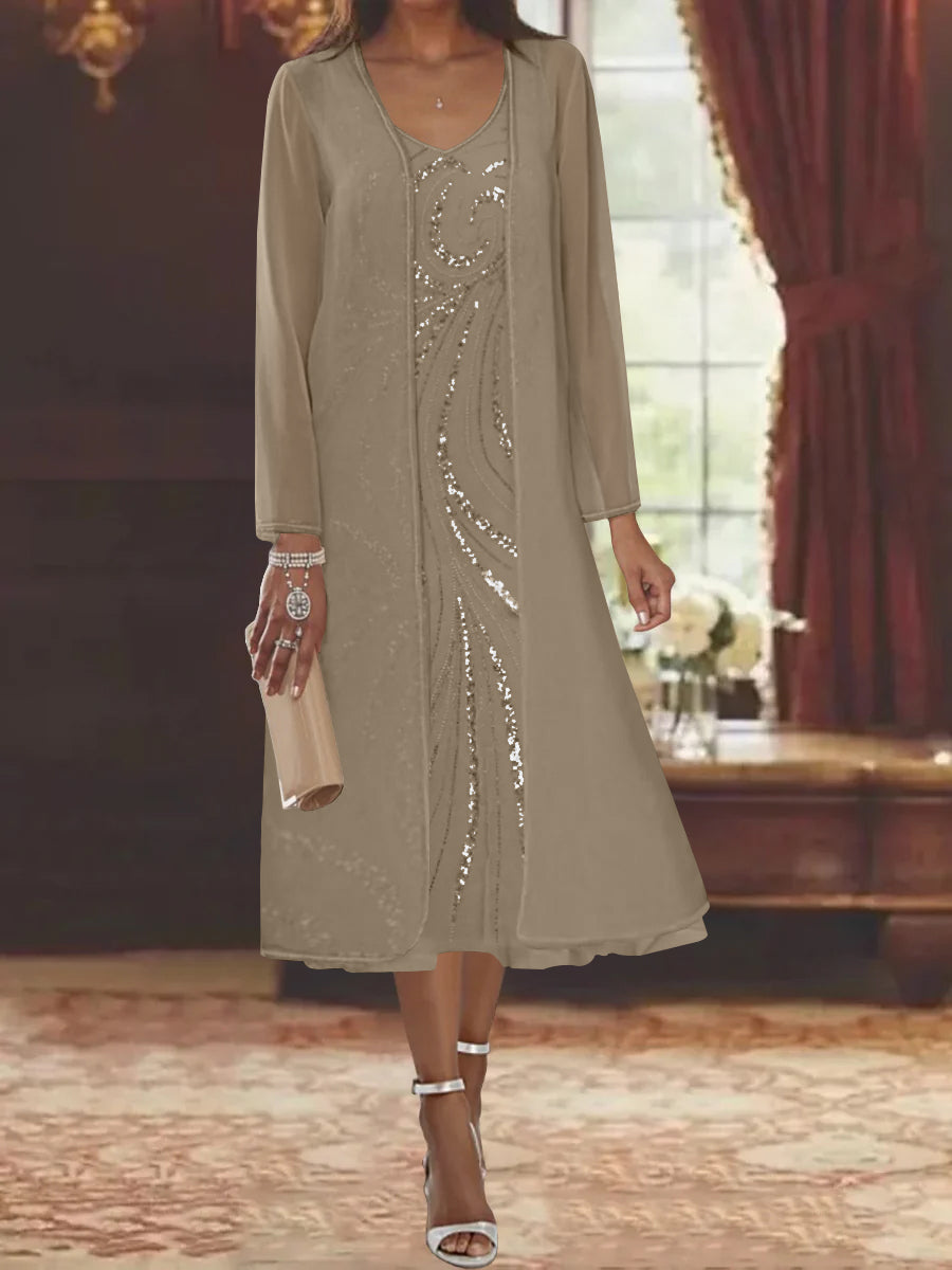 Sheath/Column V-Neck Long Sleeves Tea-Length Mother of the Bride Dresses with Jacket & Sequins Beading