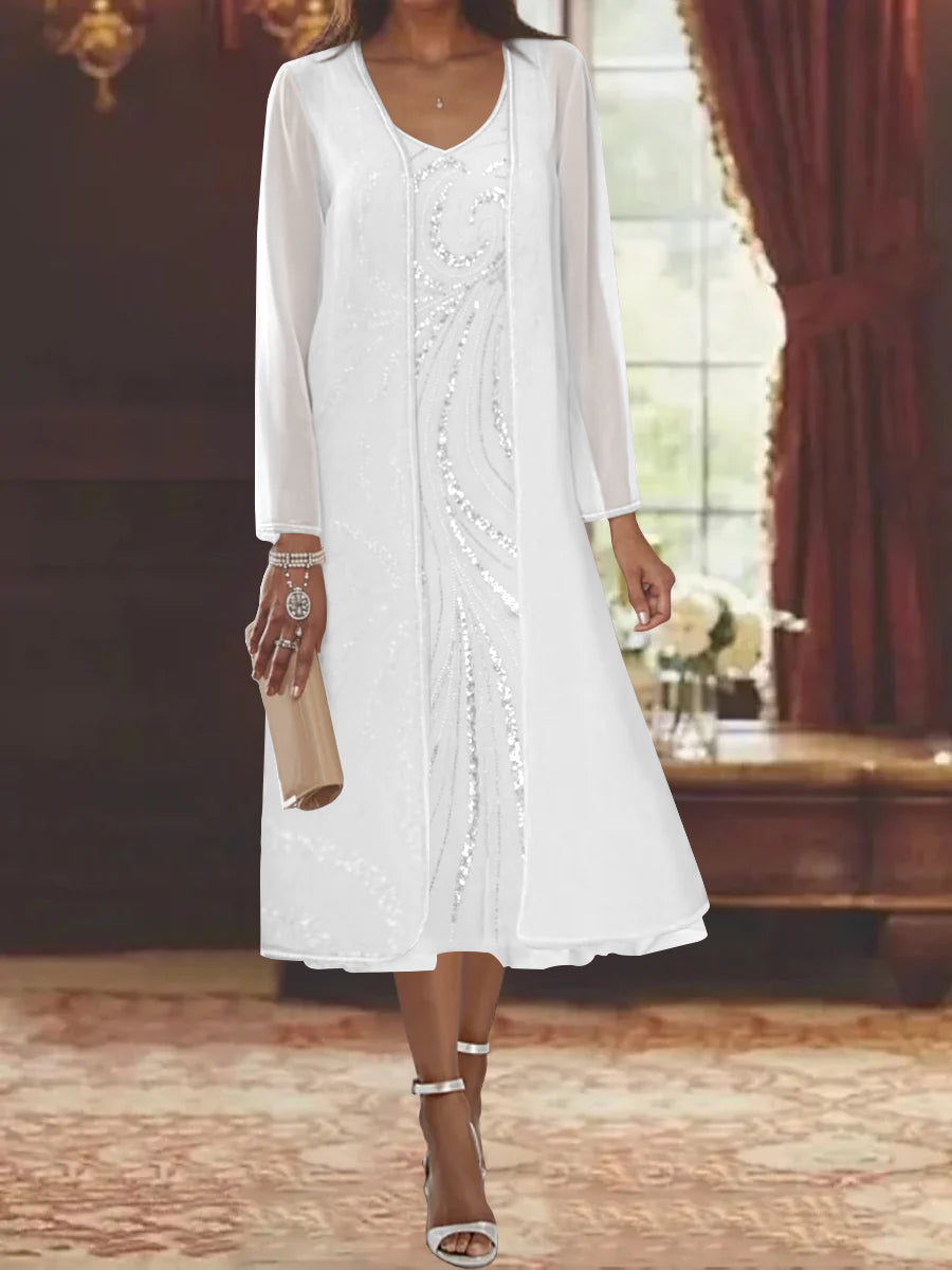 Sheath/Column V-Neck Long Sleeves Tea-Length Mother of the Bride Dresses with Jacket & Sequins Beading