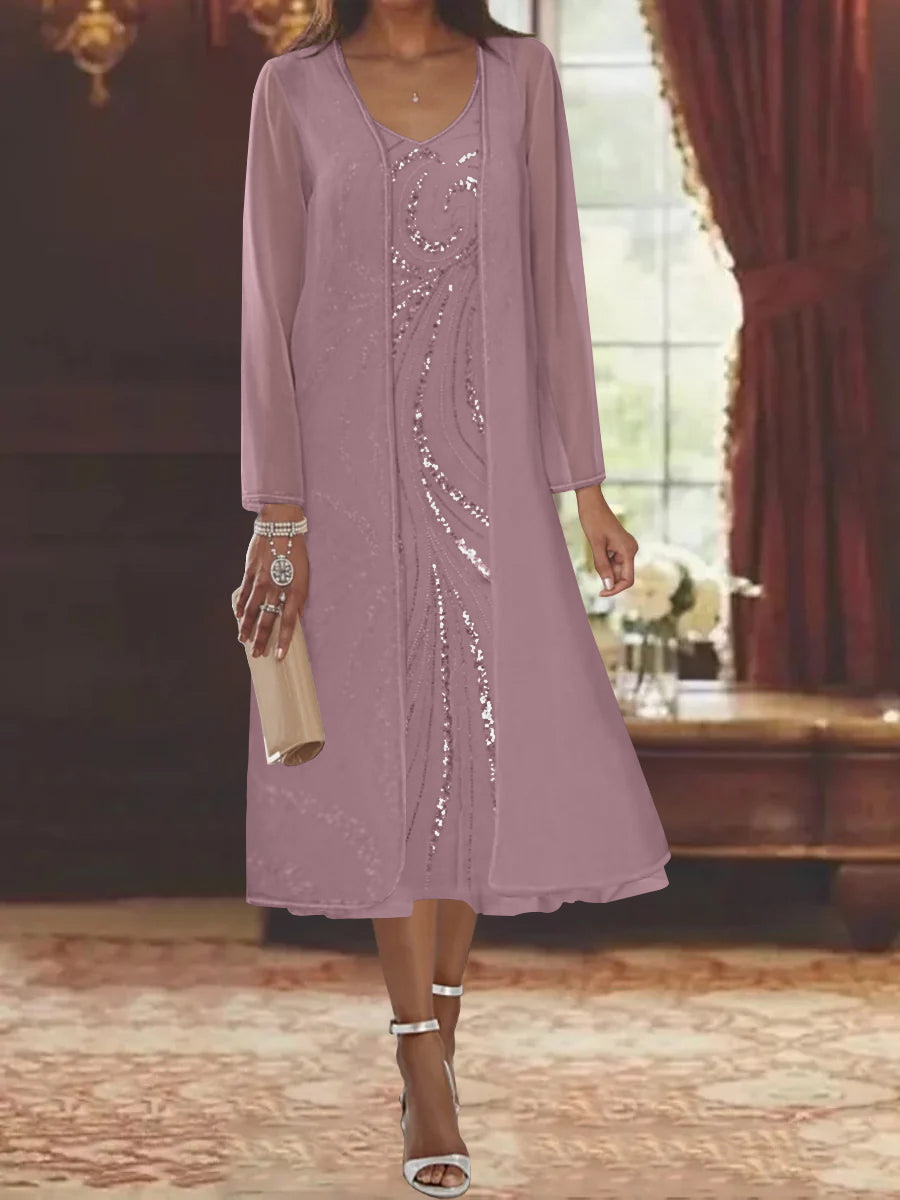 Sheath/Column V-Neck Long Sleeves Tea-Length Mother of the Bride Dresses with Jacket & Sequins Beading