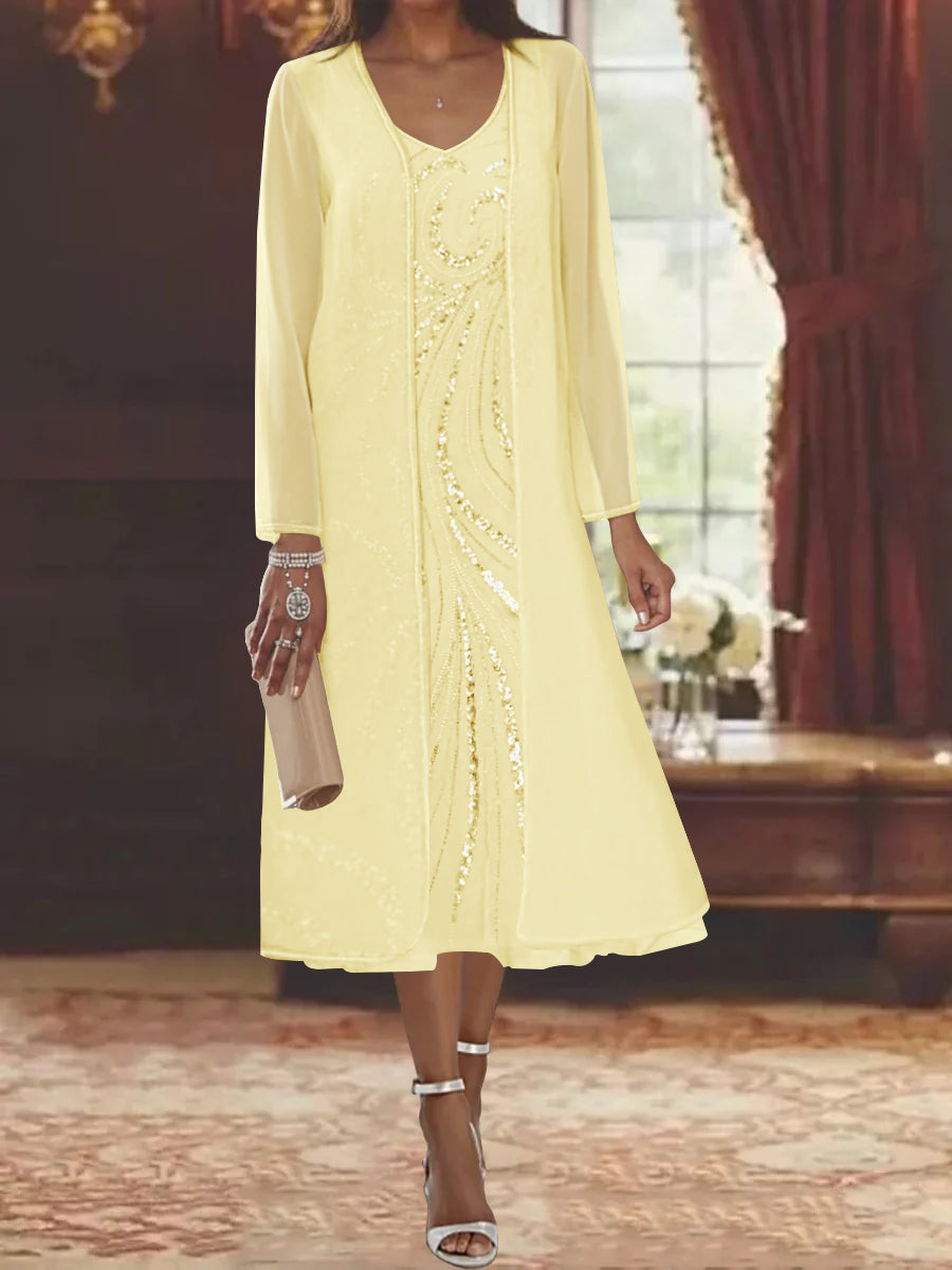 Sheath/Column V-Neck Long Sleeves Tea-Length Mother of the Bride Dresses with Jacket & Sequins Beading