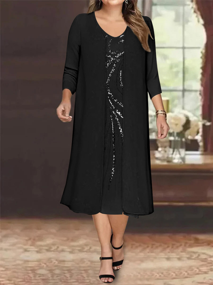 Sheath/Column V-Neck Long Sleeves Tea-Length Plus Size Mother of the Bride Dresses with Jacket & Sequins Beading