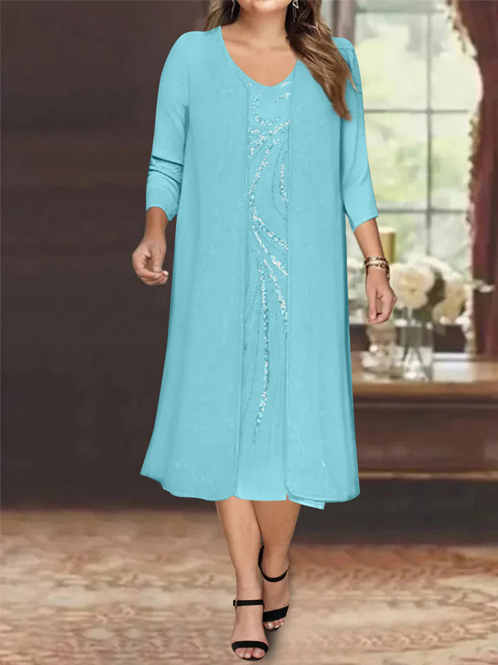 Sheath/Column V-Neck Long Sleeves Tea-Length Plus Size Mother of the Bride Dresses with Jacket & Sequins Beading