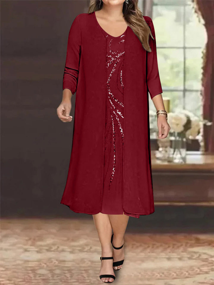 Sheath/Column V-Neck Long Sleeves Tea-Length Plus Size Mother of the Bride Dresses with Jacket & Sequins Beading